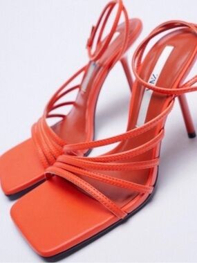 Zara Red Strappy Square-Toe Stiletto Heels